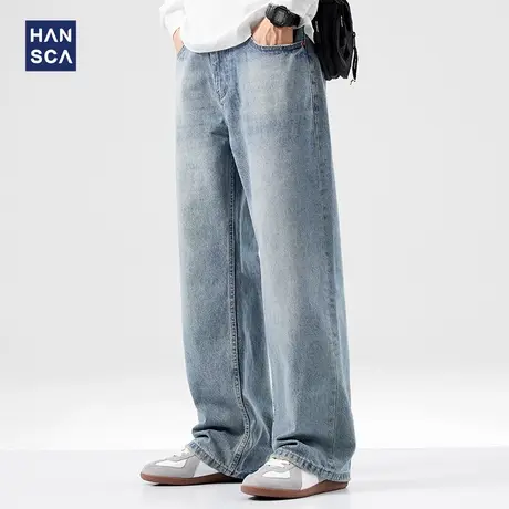 hansca日系宽松直筒牛仔裤男春季新款棉混纺水洗做旧青少年长裤子商品大图