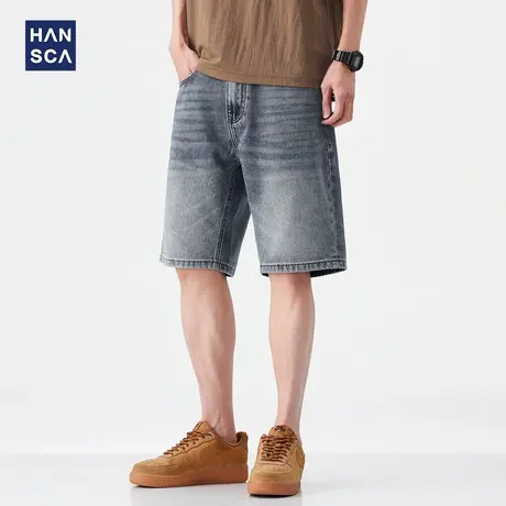 hansca复古水洗直筒牛仔短裤男2025夏季美式做旧痞帅宽松五分裤子商品大图
