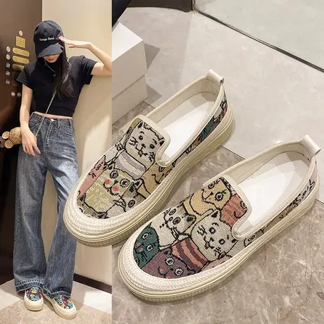 单鞋女2025新款春夏季网红小猫咪渔夫鞋一脚蹬女鞋厚底乐福鞋布鞋图片