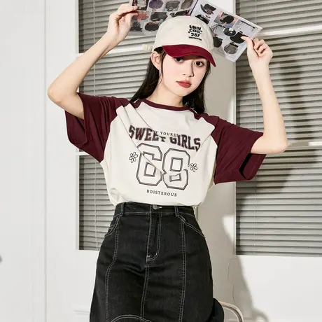 唐狮插肩袖复古美式上衣女夏季新款运动风纯棉短袖T恤宽松商品大图