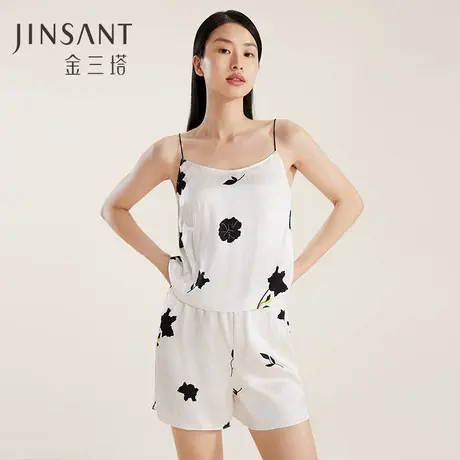 金三塔100%桑蚕丝女印花时尚不易皱吊带衣裤套春夏新品真丝睡衣商品大图