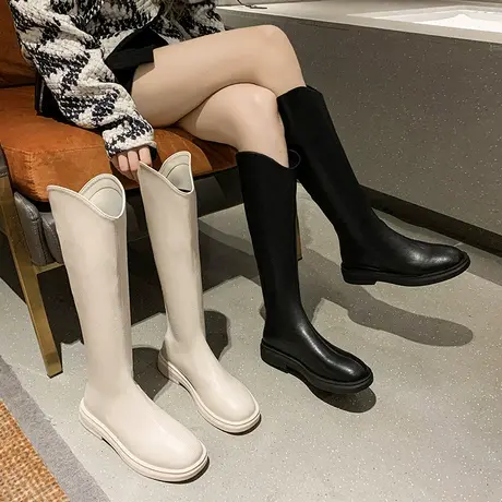 高筒靴子女骑士靴2023秋冬新款加绒瘦瘦女靴白色厚底不过膝长筒靴图片