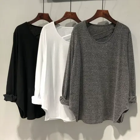 ins超火简约纯色U领长袖T恤女春秋季韩版内搭打底衫宽松大码上衣商品大图