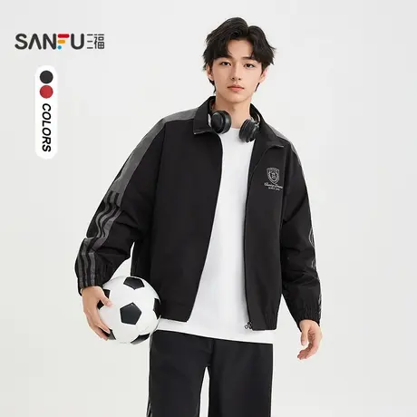三福2025秋季男士英文印花拼接夹克 复古运动风立领外套507964商品大图