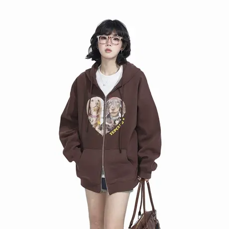 YEP复古美拉德印花连帽卫衣女春季2025新款街头帽衫宽松开衫外套商品大图