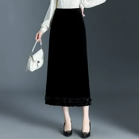 黑色金丝绒包臀裙女2025秋季新款高腰通勤显瘦半身裙中长款一步裙图片