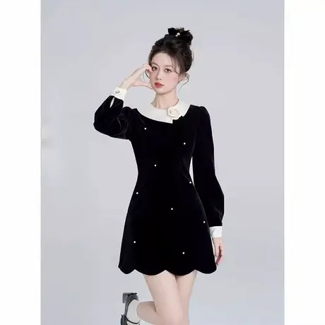 爵莱菲大码赫本风黑色丝绒长袖连衣裙女富家千金风重工气质a字商品大图