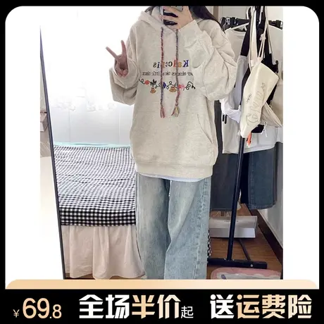 美式连帽灰色卫衣女秋冬季加绒加厚设计感宽松慵懒风休闲上衣外套商品大图