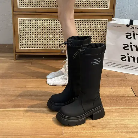 靴子女2023新款黑色粗跟秋季厚底百搭单靴洋气女士时尚显瘦骑士靴图片