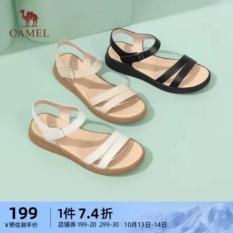 骆驼女鞋2023夏季新款真皮平底凉鞋女休闲魔术贴软底舒适妈妈凉鞋图片