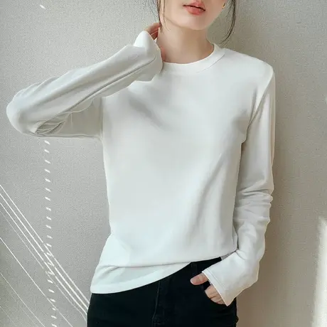 小圆领磨毛长袖T恤女2023秋冬新品宽松休闲棉纯色西装内搭打底衫图片