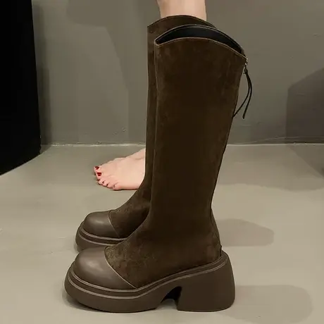 长筒靴女2023春秋季新款超火法式洋气显瘦靴子厚底增高v口骑士靴商品大图