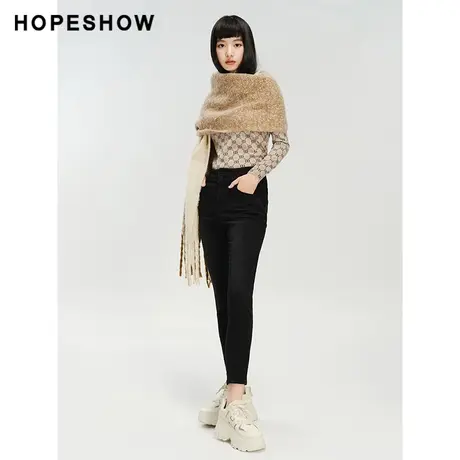 红袖outlets纯色直筒磨毛牛仔裤hopeshow2023冬款修身紧身九分裤图片