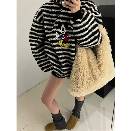 韩国东大门2023冬季休闲米奇刺绣条纹连帽加绒加厚羊羔毛卫衣外套图片