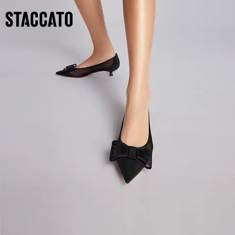 思加图新款仙女风蝴蝶结尖头猫跟网纱单鞋通勤女鞋9ER58AQ3B商品大图