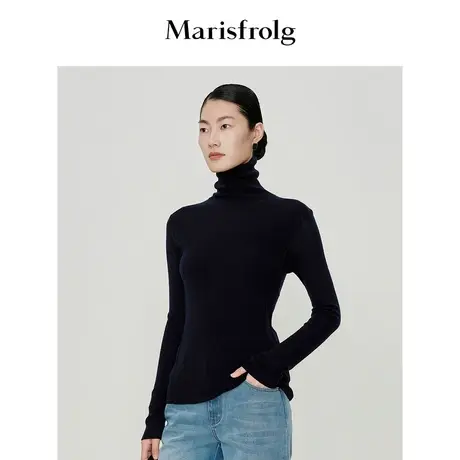 【天然亲肤系列】玛丝菲尔冬季新款深蓝色羊毛针织高领毛衣图片