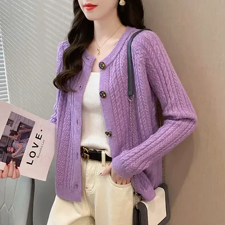 2023春装新款韩版宽松长袖针织衫女士毛衣外搭小香风开衫圆领外套商品大图