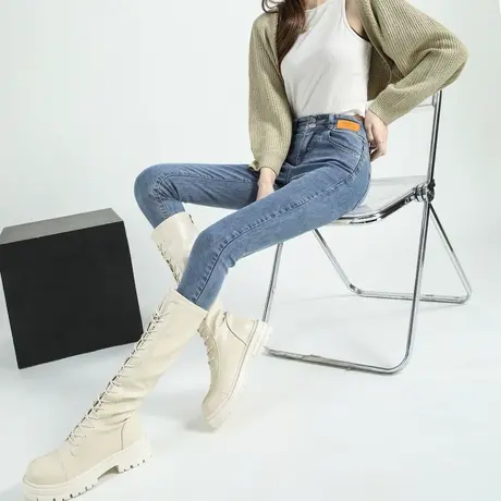 浅色小脚牛仔裤女2023年新款春季高腰显瘦弹力修身铅笔裤子商品大图