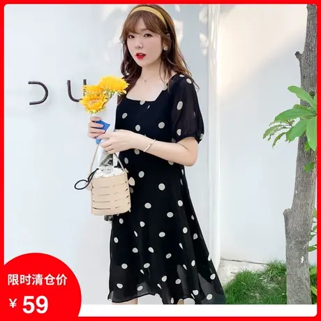 绮娑夏装新款方领显瘦黑色波点短袖大码雪纺连衣裙中长款200斤图片