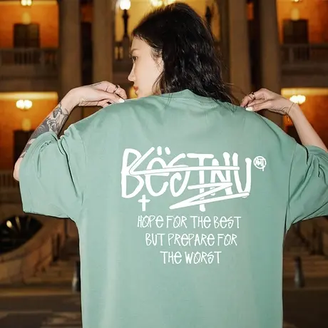 Nuthink宽松国潮湖蓝色字母t恤潮牌欧美短袖男潮ins情侣半袖夏季商品大图