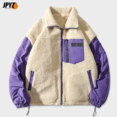 日系复古撞色工装羊羔绒加厚教练夹克 男女情侣棉衣外套男春秋款图片