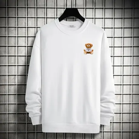 白色卫衣男士春秋款加绒套头无帽上衣服宽松小熊印花圆领长袖t恤商品大图