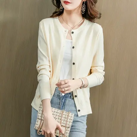 圆领针织开衫2021春季新款气质韩版纯色短款修身显瘦淑女直筒上衣图片