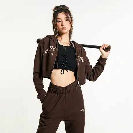 YEP美式复古咖色开衫短款连帽卫衣女春秋款运动棒球服拉链外套ins商品大图