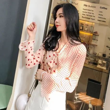【换购10】雪纺衫女长袖新款春秋韩版洋气超仙女气质波点拼接上衣图片