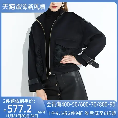 AUI黑色御姐气质短款毛呢外套女2022秋冬新款宽松休闲呢子大衣厚图片