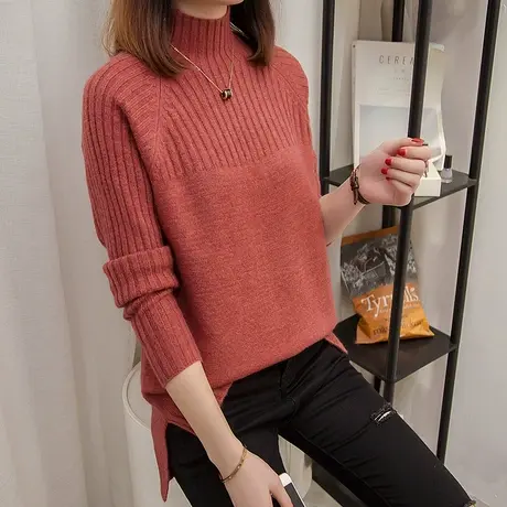 女装半高领女士毛衣套头宽松长袖纯色打底针织衫女商品大图