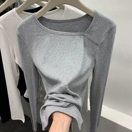 欧货圆领长袖纯色打底衫女2023年春秋新款高级感内搭螺纹针织上衣图片