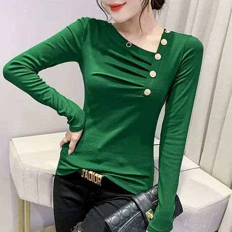 春装2024新款潮时尚钉珠T恤设计感小众上衣修身百搭打底衫女长袖商品大图