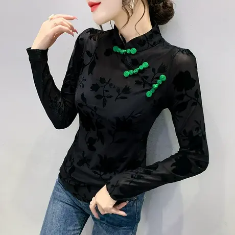 性感网纱打底衫女春秋新款国风复古盘扣上衣设计感气质长袖T恤潮商品大图
