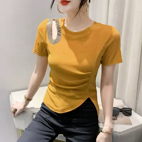 性感镂空短袖T恤女2024夏装新款洋气网纱小衫不规则开叉修身上衣商品大图