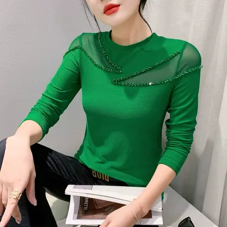 欧货网纱拼接T恤女长袖2024秋季新款性感镂空打底衫手工钉珠上衣商品大图