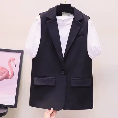 黑色马甲女一粒扣韩版时尚宽松V领上衣潮2023年春季新款纯色外套商品大图