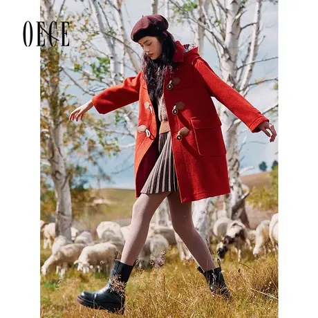 【买1送1】Oece冬新款女复古学院牛角扣呢子大衣羊毛呢外套商品大图