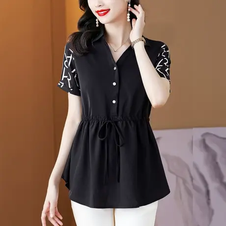 新款漂亮翻领短袖衬衫女夏季薄款大码遮肚子收腰显瘦有领胖MM上衣商品大图