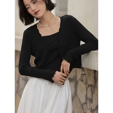 弥古黑色针织开衫春秋外穿薄款小外套女吊带裙外搭罩衫短款小坎肩商品大图