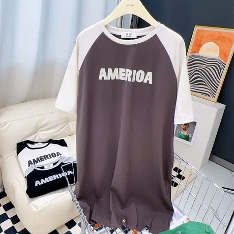 微胖显瘦中长款休闲连衣裙复古字母拼色纯棉短袖T恤裙慵懒风大码商品大图