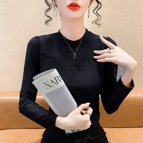 黑色网纱打底衫女2023新款洋气内搭半高领小衫长袖T恤秋冬上衣图片