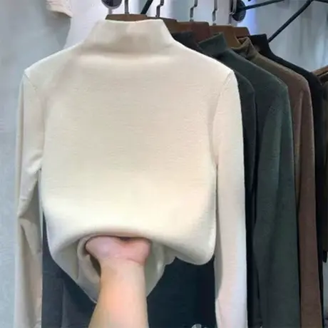 加绒加厚双面德绒长袖打底衫女秋冬2024欧货时髦米色温柔风上衣服图片