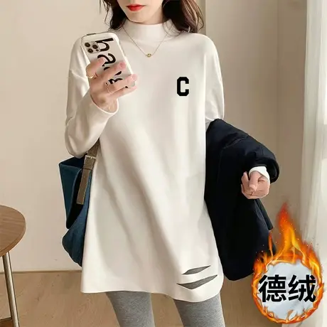 中长款长袖t恤女秋冬加绒半高领双面德绒卫衣白色打底衫内搭上衣图片