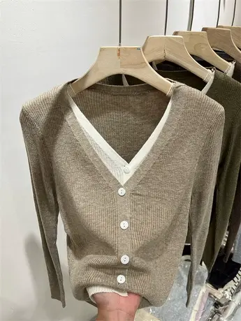 撞色假两件针织开衫V领修身坑条女士长袖2023早秋新款单排扣上衣商品大图