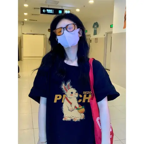 美式复古正肩短袖t恤女夏oversize小众设计感国潮牌宽松半袖上衣图片