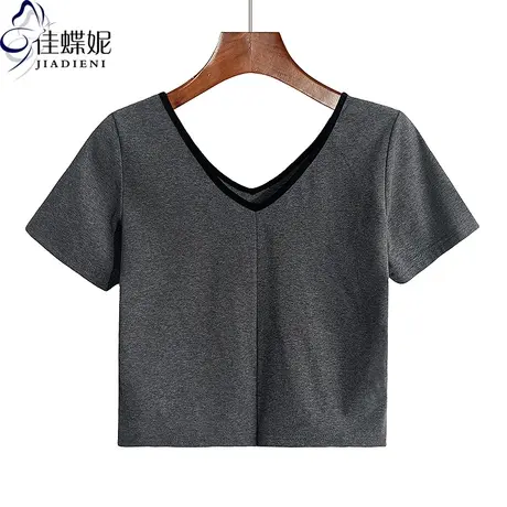 夏季新款V领撞色拼接纯棉修身短款纯欲性感短袖体恤上衣女打底衫商品大图