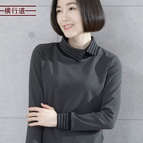 2025新款春季翻领上衣宽松中年妈妈长袖T恤女大码有领简约打底衫图片