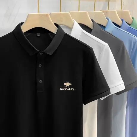 时尚金线刺绣小蜜蜂polo衫男士修身翻领短袖T恤丝光棉休闲T恤上衣图片