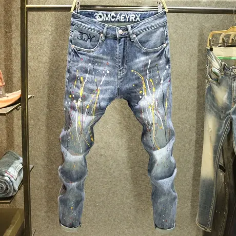 潮流个性泼墨牛仔裤男款修身小脚裤磨破设计ins潮牌帅气百搭裤子商品大图